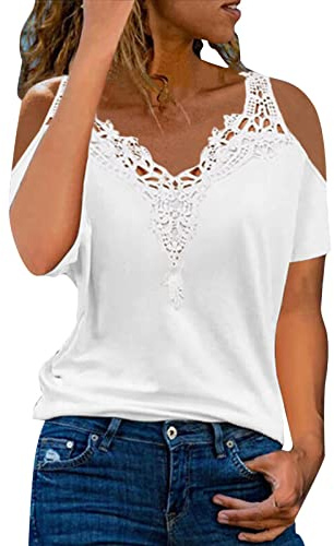 Camiseta de manga corta con hombros descubiertos y empalme floral con encaje floral, Blanco, XL