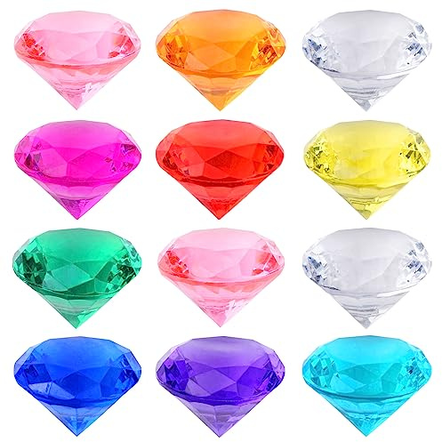Acryl Kinder Diamant Edelsteine Bunt,12 Stücke 40mm Kunststoff Diamanten | Groß Acryl Diamanten Deco Transparent Diamantkristalle fur Vasen, Tischdeko, Party Mitgebsel, Hochzeit