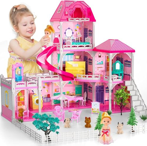 Doloowee Dolls Playhouse, 3-Storey Kids Dolls Playhouse with Furniture und Accessories, diy Hause kit for girls from 3 years