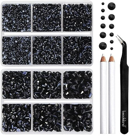 Beadsland Hotfix Strasssteine Set,Schwarz,6 Größen gemischt,6080 Stk | Schwarze Strasssteine für Textilien,SS6-SS30,Glasmaterial,für Kleidung,Kunsthandwerk,mit Wachsstift und Pinzette