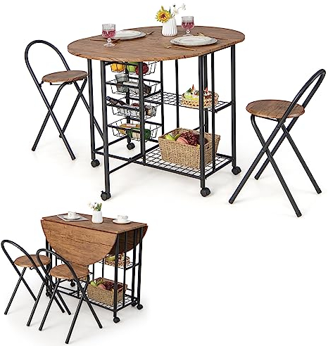 COSTWAY Bartisch Set 3-teilig, Klappbarer Esstisch auf Rollen, mit 2 Regalen, 4 herausziehbaren Körben, 2 klappbaren Hockern für Küche, Esszimmer, Essgruppe Küchenbar Sitzgruppe (Braun)