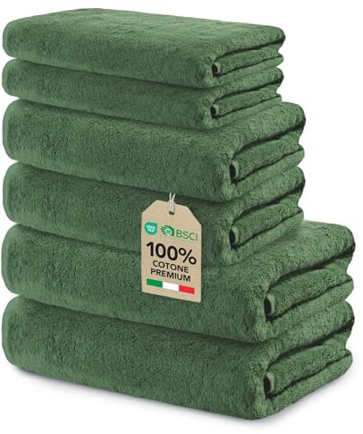 Ôhm Set Asciugamani Bagno 6 Pezzi in Cotone 500 g/m² Verde abete OEKO-TEX Standard 100 – 2 Teli Doccia 70x140 + 2 Asciugamani 50x100 + 2 Salviette 30x50 – Set Viso e Bidet