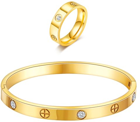 Bracelet d'amitié plaqué or 18 carats avec anneau ensemble de bijoux pour femmes en acier inoxydable bracelet ovale simple articulé pierres de zircone cubique bracelet