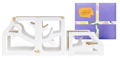WECO 3-in-1 Kinder Lernturm mit Tisch & Tritthocker, Faltbarer Montessori Küchenhelfer aus Birkenholz, Sicherer Lernturm für Kinder mit Sicherheitsverschluss, 88 cm (Weiß)