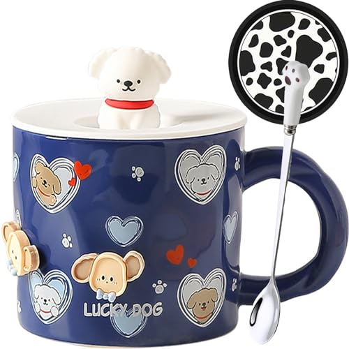 Disoza Taza Perro Con Tapa Taza Gato 420ml Taza Café Regalo Perro Taza Cerámica Con Cuchara y Posavasos Té Café Taza Navidad Regalo Cumpleaños Esposa Novia Niños