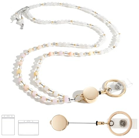 LENYNAL Retractable Lanyards for ID Badges and Keys, Beaded Lanyards for Women Natural Stone, Teacher Lanyard High-Performance Cute Lanyard Morganite