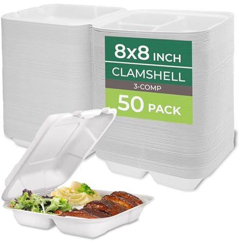 Freshware Compostable Clamshell Food Containers [8x8] 3-Compartment 50-Pack, Disposable Containers, Biodegradable Sugarcane to Go Boxes - Paper Food Containers - Microwave & Freezer Safe, Stackable