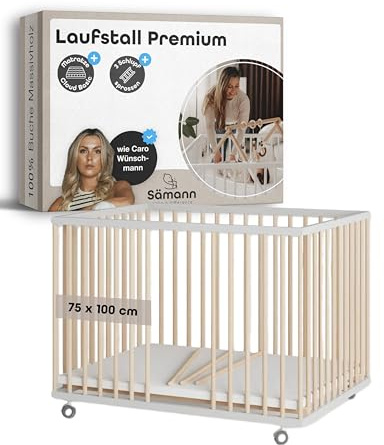 Sämann Laufstall Baby 75x100 cm mit Matratze und 3 Schlupfsprossen | TÜV geprüft 2024 | stufenlos höhenverstellbar | Laufgitter Premium | Babybett aus Holz | Krabbelgitter weiß/natur