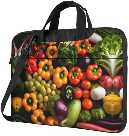 JBYJBX Sac à bandoulière avec bandoulière pour ordinateur portable Motif légumes frais fruits et légumes frais, Noir, 14 inch
