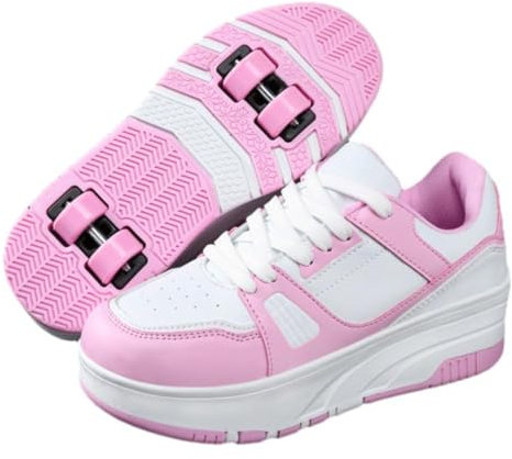 HEFAM Schuhe mit Rollen für Kinder, Kinder Rollschuhe Schuhe mit 4 Rädern, Turnschuhe Einziehbare 2-in-1-Multifunktionsrollschuhe, Outdoor-Laufschuhe, Skateschuhe, rose, 37 EU