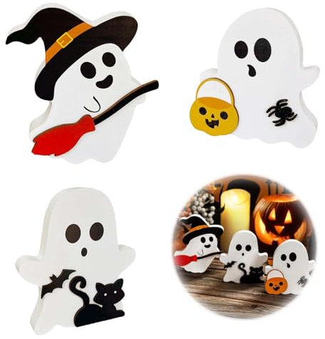 EnixwH 3 Stück Halloween Deko, Halloween Dekorationen, Geist Dekor Holz Geist Thema Tisch Mittelstücke Niedliche Dekor, Süßigkeiten Schild Blöcke für Zuhause Regal Party