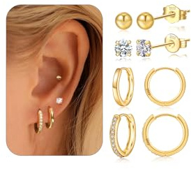 JEMARA Gold Hoop Earrings For Women 14K Gold Plated Small Hoop Earrings Cubic Zirconia Stud Huggie Cartilage Earring Sets for Multiple Piercing 4 Paris Gold Earrings Set for Women