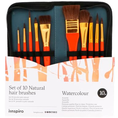INNSPIRO Set 10 Pinceles Pelo Natural para Artistas con Estuche, para acrílica, Acuarela, Gouache, óleo, Ideal para principantes y Profesionales
