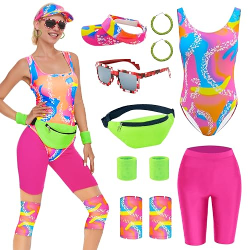 TOLOYE 80er Jahre Workout Kostüm, 80er 90er Jahre Outfit mit Retro Zubehör, 80er Bauchtasche Sonnenbrille, 80er Trainingsanzug, 80er Sportbekleidung Bekleidung für Herren Damen (Damen, L)
