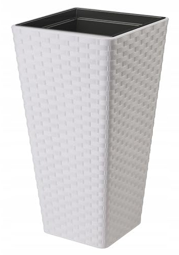 B2C Square Tall Plant Pot Elegant Large Flower Indoor Outdoor Garden Planters Rattan Look Pattern Home Patio Plastic 2 Sizes (White, H 57cm x D 30cm)