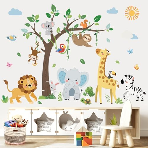 decalmile Jungle Animals Tree Safari Baby Animals Wall Decals Stickers | Peel and Stick Decals for Walls, DIY Wall Art Stickers, Removable & Wall-Safe, Vibrant Colors Wall Decor