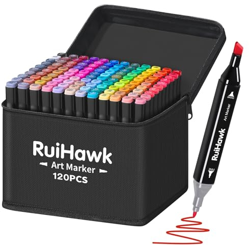 RuiHawk Filzstifte Marker Set, 120 Farben Alkohol Marker mit Feinspitze & Breitspitze, 2-Sekunden Schnelltrocknend, Alkohol Stifte mit Anti-Seepage Abstandshaltern für Malerei, Design