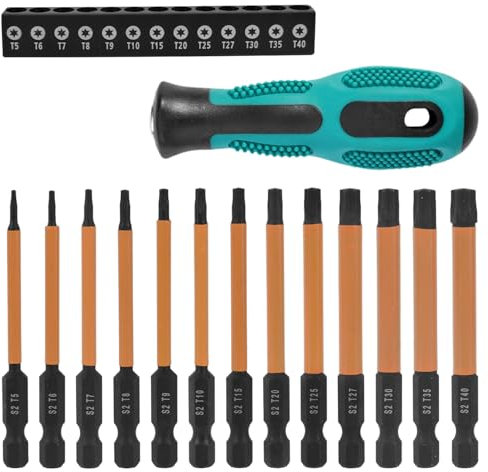 13 Pezzi Cacciavite Torx Set, 1/4 Magnetico Cacciavite Lungo, con Impugnatura Antiscivolo, Acciaio S2, T5 T6 T7 T8 T9 T10 T15 T20 T25 T27 T30 T35 T40, per Cacciaviti a Batteria (Nero, arancione)