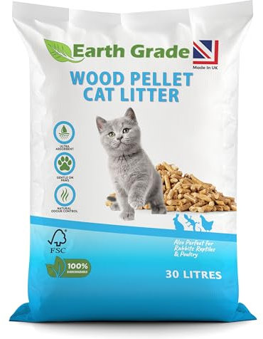 Earth Grade 30L Premium Wood Pellet Cat Litter Biodegradable Virgin Softwood Pellets, Non Clumping, Ultra Absorbent, Odour Control, Natural Scent