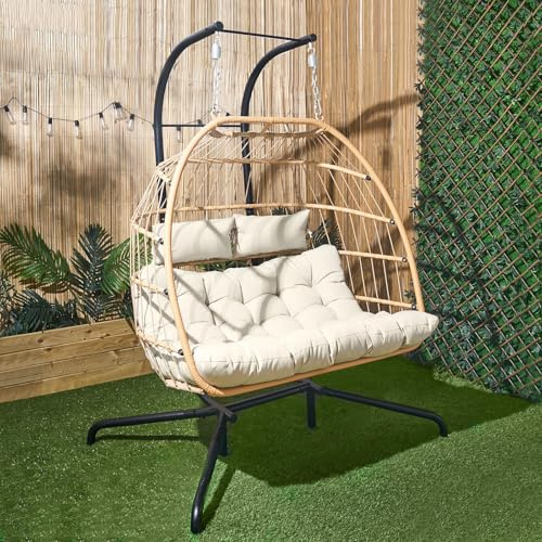 OHS Double Egg Chair Natural, Rattan Swing Chair Wicker Hammock with Stand Hanging Egg Chair Indoor Outdoor Patio Furniture Relaxing Comfy Foldable Garden Swing Soft Cushion with 2 Headrest Included
