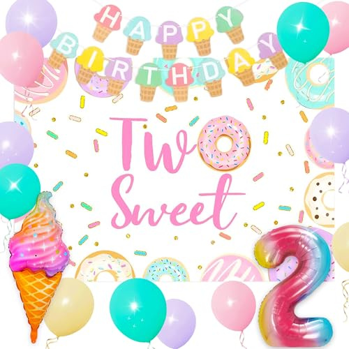Two Sweet Birthday Party Supplies Decorations Two Scoops of Fun Birthday Decorations for Ice Cream 2rd Birthday Decoration Backdrop Banner Ice Cream Birthday Party Decoration