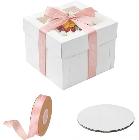21 Stück Tortenbox Tortenkarton Hoch 25x25x20 cm Hohe Kuchenverpackung Kuchenplatte 10 Boxen + 10 Teller + 1 Rollen Satinband für Torten，Kuchenkarton für Torten, Gebäck,Kuchen-Transportbox,Gebäck