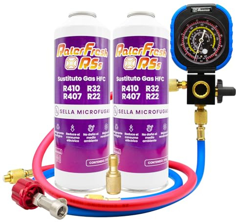 Gaz réfrigérant organique pour climatisation type Split Ralerfresh RS équivalent à 950 g, remplacement des gaz R410, R32, R407 et R22 (2 Bouteilles 230g + manomètre RF31 + adaptateur)