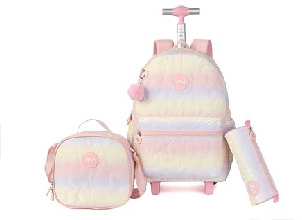 kingdisen Wheels Rolling Kids Backpack for Elementary Luggage School Trolley Bag with Lunch Box 3pc Set, Quilted Pink, L, Playful Cute
