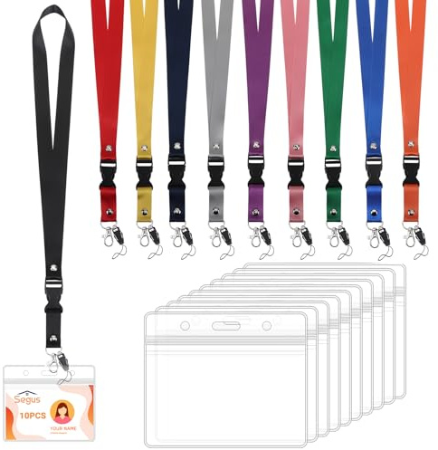 Segus Kartenhülle mit Band, 10 Stück Ausweishülle mit Band, Schlüsselband mit Karabiner, Lanyard mit Kartenhülle Transparent, für Lehrer, Doktor, Studenten, Mitabeiter (Horizontale)