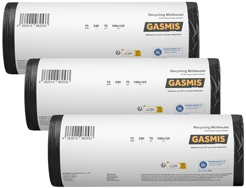 GASMIS Müllbeutel 240L – 3x 10 Stück | Extra große Recycling Abfallsäcke 70 µm, reißfest & dicht | Müllsäcke für Tonnen, Garten & Entrümpelung | Blauer Engel zertifiziert | 3 Rollen