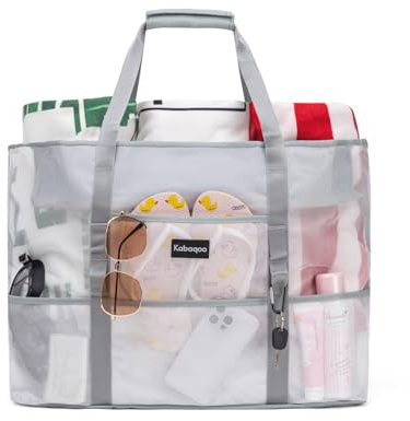 Bolsa de Playa XXL Familiar con Cremallera, Bolso de Mano Shopper Grande Mujer con Bolsillos, Bolsa Piscina Plegable y Ligero para Viajes y Natación, Blanco grisáceo Grande