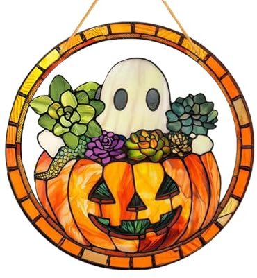 Halloween-Kürbis Sonnenfänger, Hängende Fensterdeko Buntglas Deko, für Fenster, Terrasse, Wand, Haus, Büros und Garten(A)