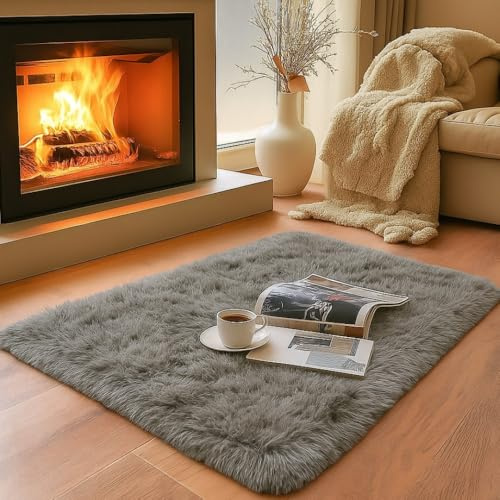 Harmon Wandyer Fluffy Shaggy Rugs Living Room, Anti Slip Carpet - Grey Area Rugs for Bedroom Modern Ultra Soft Runner Rug Thick Pile Carpet for Nursery, Office, Lounge Home Decor (Grey, 50 x 80 cm)