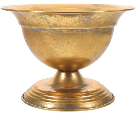 HIAKDOFT Rustikale Eisen Blumenvase Gold Vintage Übertopf mit Used-Look Europäischer Stil Blumentopf als Tischdeko Handgefertigte Pedestal Blumenschale für Hochzeit Party Wohnzimmer
