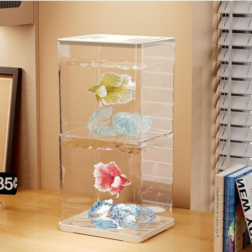 Small Betta Fish Tank, 2-Pack 0.3 Gallon Mini Aquarium with Adjustable Base Light & Gravels & Resin Crystal, Acrylic Fish Bowl for Desk Homes or Offices, Ideal for Beta Fish,Goldfish (White -2 Pack)
