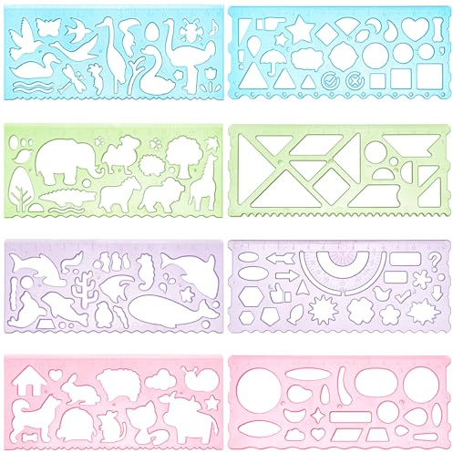 GEEHUA Lot de 8 pochoirs de peinture pour enfants, modèles de dessin pour animaux et plantes, formes géométriques pour garçons et filles, outils de peinture avec règle de graduation de 15 cm