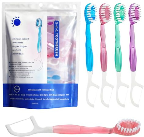 SPORWAY Lot de 26 mini brosses à dents 5 en 1 - Fil dentaire avec dentifrice + bouton + gratte-langue + fil dentaire - Brosse à dents de voyage emballée individuellement pour le camping, les voyages