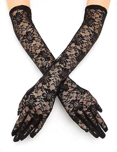 EMOTTOS Guantes Negros Largos, Elegantes Guantes de Encaje para Mujer, Vintage Lace Gloves con Motivo Crisantemo, Cómodo Gloves Sexy con Bordados de Encaje para Boda Fiesta de Disfraces Banquete 40CM