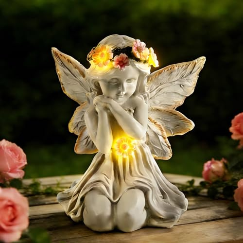 Statues solaires de jardin - Figurine ange gardien avec lumière LED - Décoration funéraire - Résistante aux intempéries - Décoration d'automne pour pelouse, cour, terrasse, rebord de fenêtre - Ange