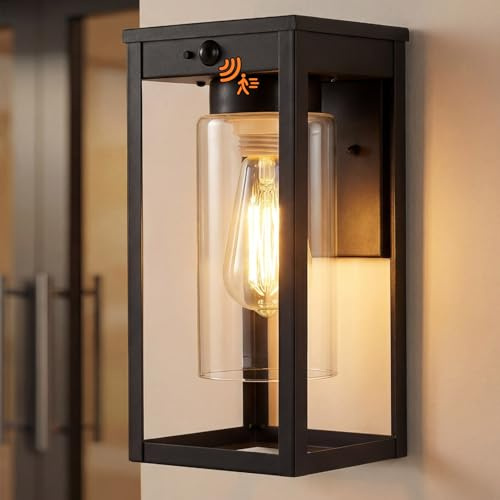 Warmiehomy PIR Outdoor Wall Lights with Motion Sensor, IP65 Waterproof Outside Lights Mains Powered, 3 Modes E27 External Modern Black Exterior Sconce Lamp for Front Door Porch Garage (Bulb Included)