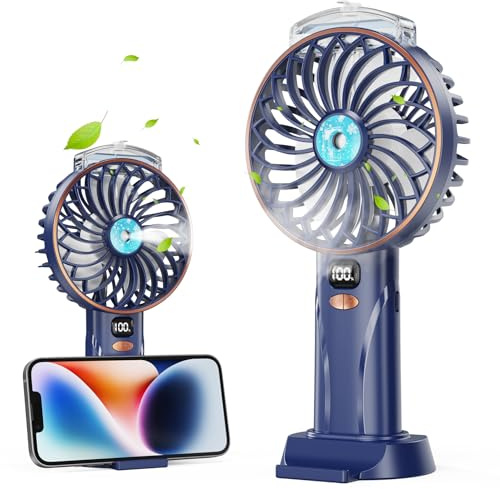 Ventilatore Portatile 2-in-1 con Nebulizzatore - Display LED a 5 Velocità, Batteria Ricaricabile 4000mAh USB, Serbatoio 12.5ml Nebulizzazione, Base Rimovibile, Ideale per Viaggi, Spiaggia e Ufficio