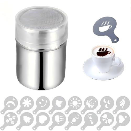 1 st kakaoströare rostfritt stål med 16 st kaffestenciler kakaoströare för cappuccino mjölspridare med lock florsockerströare för mjöl, kakao, socker, salt, choklad