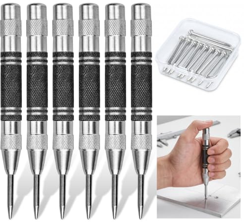 Akamino 6 Pcs Automatic Metal Centre Punches with 12 Replacement Tips, Steel Adjustable One-Handed Spring Impact Loaded Center Hole Punch, Hand Push Tools for Machinists Glass Wood Thin Steel Sheets