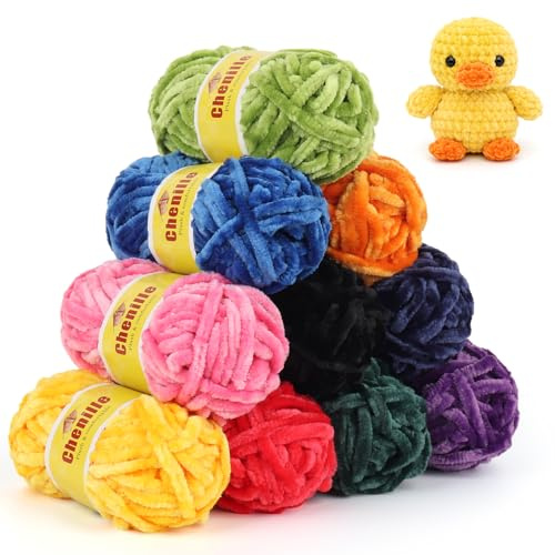 Coopay Bunt Chenille Wolle zum Häkeln, 10x25g Velvet Chenille Wolle Bunter Pack, Samtig Mini Chenillegarn Set für Kleinen Garn DIY-Projekt - Dunkle Farben
