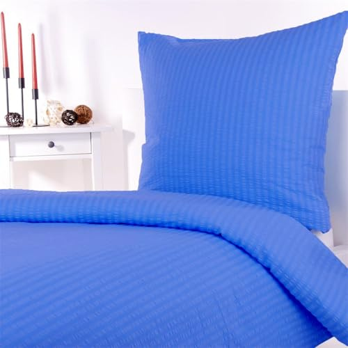 Hans-Textil-Shop Seersucker Bettwäsche Blau 135x200 + 80x80 cm – bügelfreie Bettwäsche Baumwolle mit Reißverschluss, pflegeleicht & atmungsaktiv
