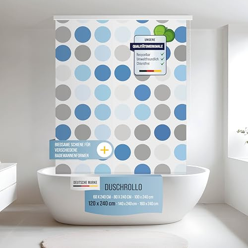 Rapid Teck Halb-Kassetten Duschrollo 120 cm x 240 cm in verschiedenen Designs - Duschvorhang mit Seilzug – moderner Badewannenvorhang – platzsparendes Duschvorhang Rollo