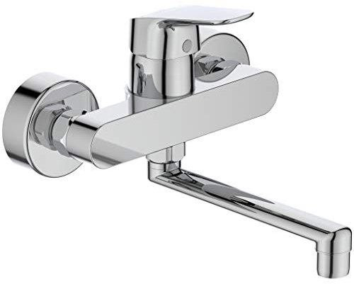 Ideal Standard Armatur/Küchenarmatur CERAFLEX Ausladung 200 mm | zur Wandmontage, Schwenkbarer Rohrauslauf, S-Anschlüsse verstellbar | Durchmesser 38mm, Schwenkbereich 100 Grad, Oberfläche: Chrom
