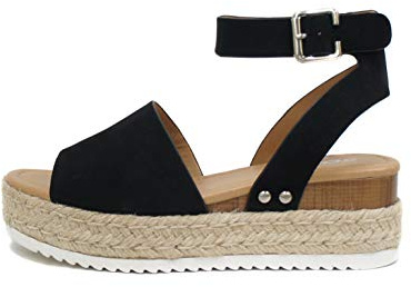 Soda Topic Open Toe Buckle Ankle Strap Espadrilles Flatform Wedge Casual Sandal (Black, 11)