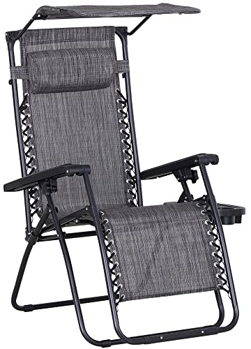 Outsunny Foldable Reclining Garden Chair with Headrest, Zero Gravity Deck Sun Lounger Seat Chair with Footrest, Armrest, Cup Holder & Canopy Shade, Grey