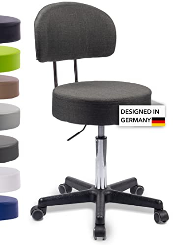 1stuff Rollhocker Squash 40 BIGBACK, Höhe 51-71cm, 40cm breit (Stoff-Grau) | 1stuff-Qualität - Robuster Studiohocker mit Lehne BIGBACK, Drehhocker 360°, Bürohocker, PU-Rollen, Service aus DE